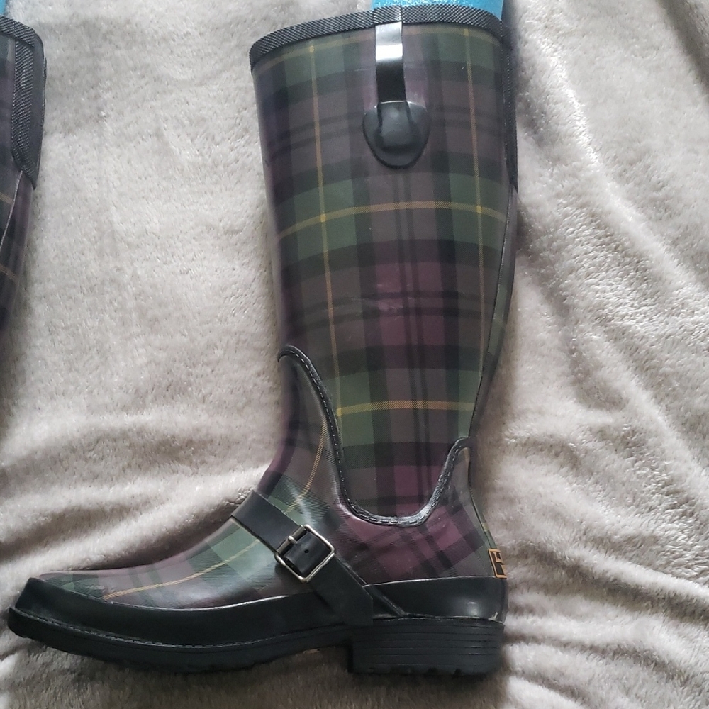 LL Bean Plaid Rain Wellie Boots with Buckle